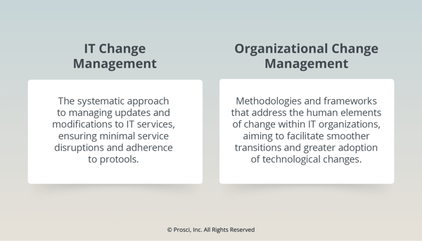 While they seem similar, IT Change management focuses on technical details, while change management focuses on the people who use the IT